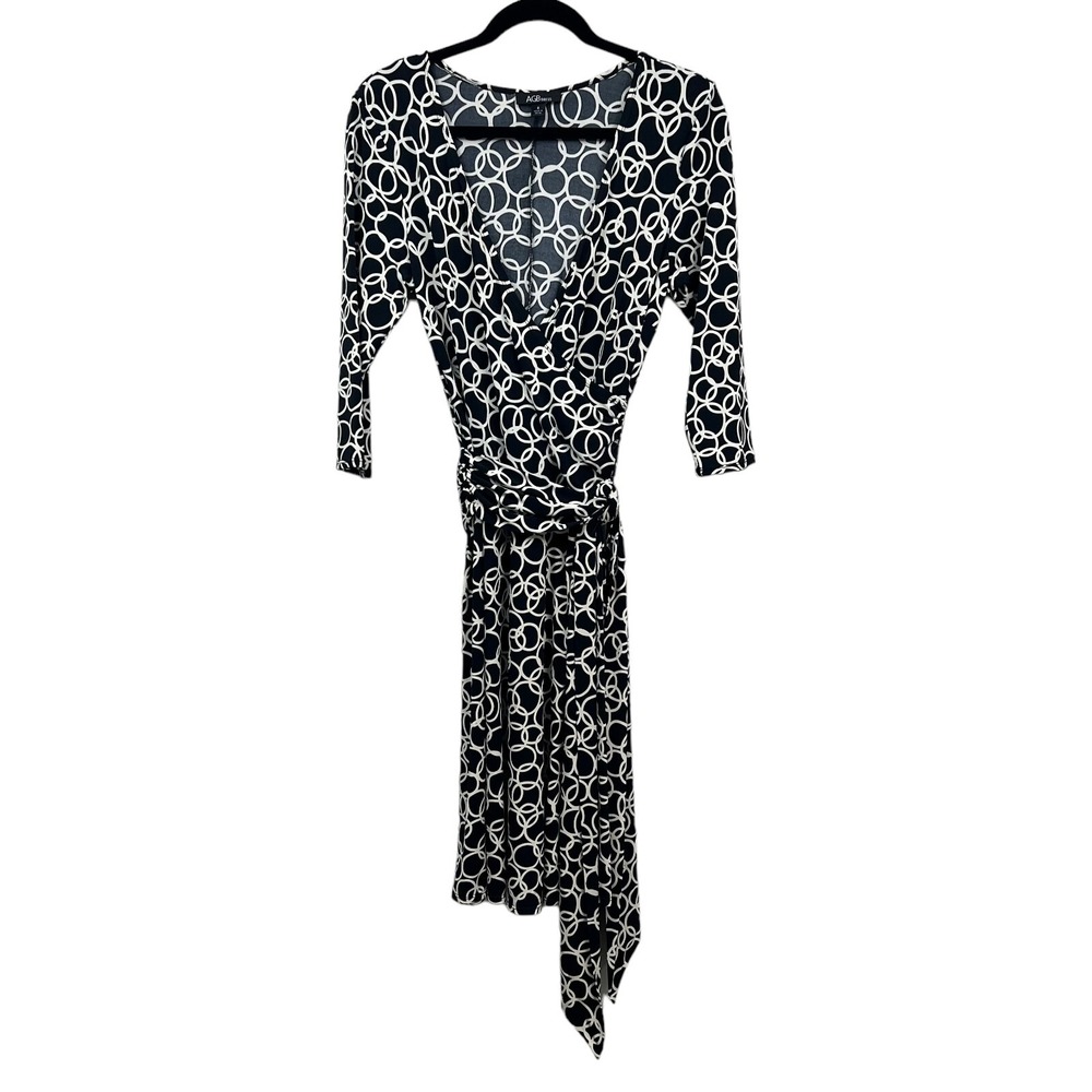AGB Midi Dress Plunge VNeck Belted Faux Wrap Stretch Black Geo Print Women Sz 6*